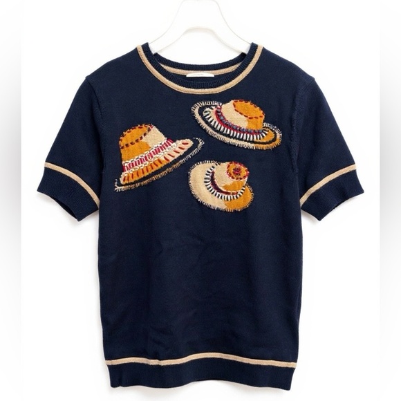 Tory Burch 100% Merino Wool Navy Hand Embroidered Beaded Sunhat Print Sweater M - Picture 15 of 16
